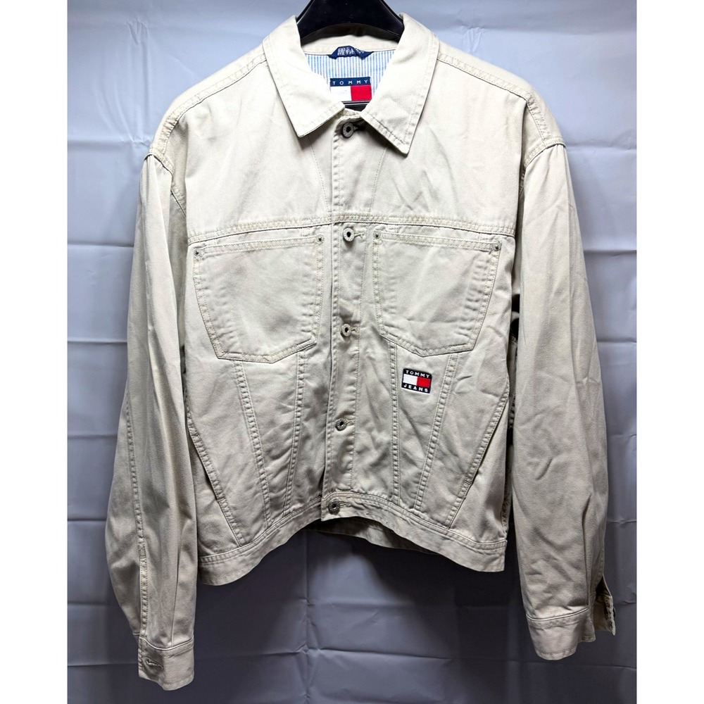 Vtg 90s Tommy Jeans Denim Trucker Jacket Beige Tan Crest Logo Men's Medium M